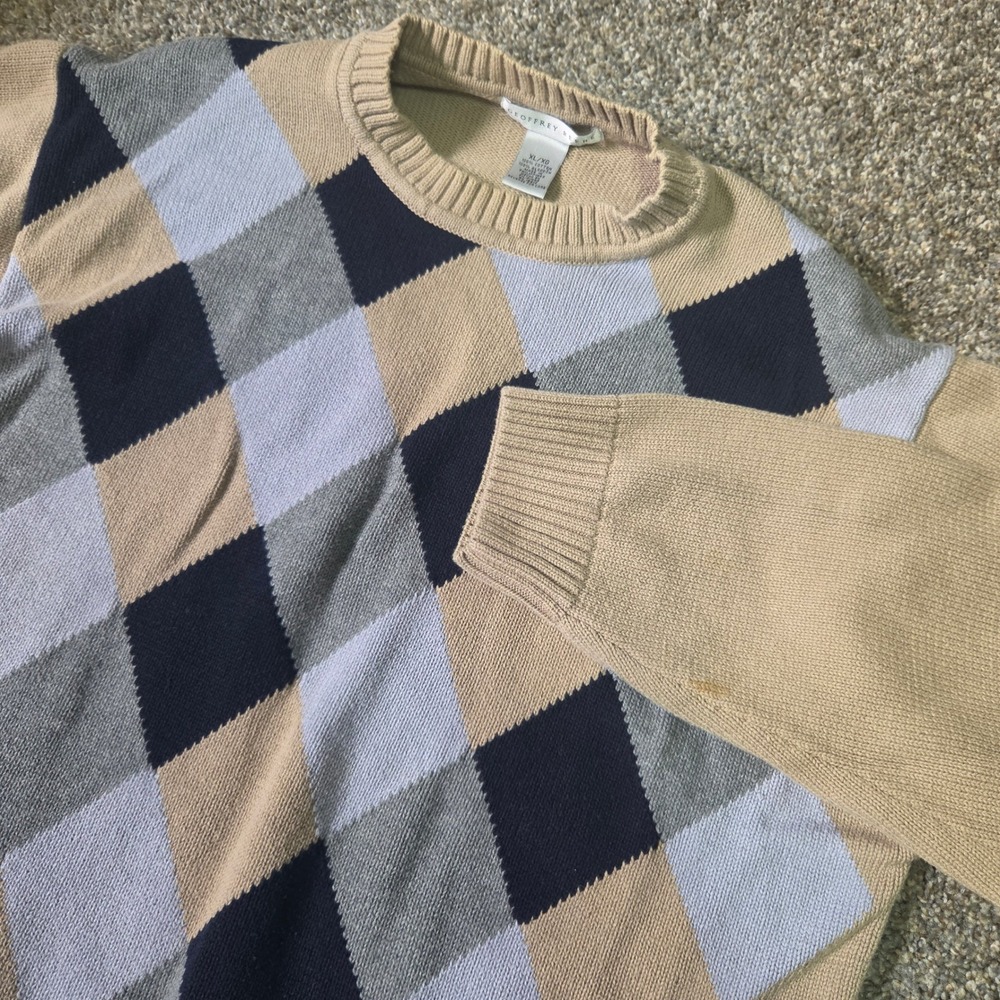 Geoffrey Beene Mens XL Argyle Sweater Tan Navy‎ Grey 100% Cotton Crewneck Knit